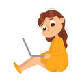 Cute Little Sitting on Floor Using Laptop Computer, Online Education or Courses, Kid Programmer Character Cartoon Style Royalty Free Stock Photo