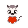 Cute little sitting lemur holds heart. Cartoon animal character for kids cards, baby shower, invitation, poster, t-shirt