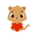 Cute little sitting lion holds heart. Cartoon animal character for kids cards, baby shower, invitation, poster, t-shirt