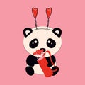 Cute little sitting panda holds cupid\'s love arrows.