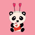 Cute little sitting panda holds envelope with hearts