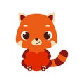 Cute little sitting red panda holds heart. Cartoon animal character for kids cards, baby shower, invitation, poster, t Royalty Free Stock Photo