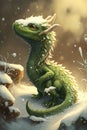 A cute little dragon on whose face looks at the sky with snow - a symbol of the New Year, Generative AI