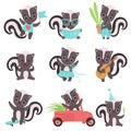 Cute Little Skunks Set, Adorable Baby Animals Cartoon Characters in Different Situations Vector Illustration