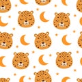 Cute little slipping cheetah head seamless childish pattern. Funny cartoon animal character for fabric, wrapping Royalty Free Stock Photo
