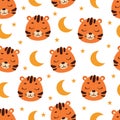 Cute little slipping tiger head seamless childish pattern. Funny cartoon animal character for fabric, wrapping, textile Royalty Free Stock Photo