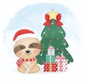 Cute little Sloth and Christmas tree. Christmas season