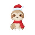 Cute little sloth sitting in a Santa hat and red scarf. Cartoon animal character for kids t-shirts, nursery decoration