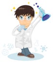 Cute little smart boy. The boy scientist. Little boy holding a test tube, holds a chemical experiment. Cartoon character. Kid boy