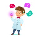 Cute little smart boy. The scientist. holding a test tube, holds chemical experiment. Cartoon character, mascot