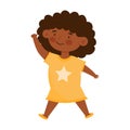 Cute little smiling afro american girl in the yellow dress jumping. Cartoon vector illustration, isolated on a white