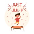 Cute little smiling boy in red t-shirt jumping on trampoline. Cartoon vector illustration, isolated on a white Royalty Free Stock Photo