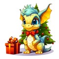 Cute little smiling dragon with gift box near fancy Christmas tree on a white background. Concept of Christmas and New Year