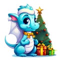 Cute little smiling dragon with gift box near fancy Christmas tree on a white background. Concept of Christmas and New Year