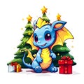 Cute little smiling dragon with gift box near fancy Christmas tree on a white background. Concept of Christmas and New Year