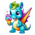 Cute little smiling dragon with ice cream on white background. Cartoon style.