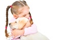 Cute little smiling girl hugging labrador puppy Royalty Free Stock Photo