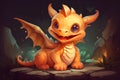 Cute little smily dragon. Cartoon funny baby dragon with wings, horns and big eyes. Happy fantasy characters head. Young