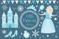 Cute little snow princess, cold queen objects set. Winter Collection design element with pretty girl, ice castle, mirror Royalty Free Stock Photo