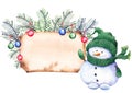 Cute little snowman, pld parchment greeting card and Christmas decoration.