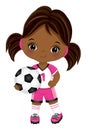 Cute Little Soccer African American Girl Holding Ball. Vector Black Girl with Soccer Ball Royalty Free Stock Photo