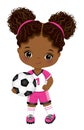 Cute Little Soccer African American Girl Holding Ball. Vector Black Girl with Soccer Ball Royalty Free Stock Photo