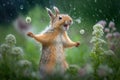 Cute little squirrel dancing in the rain