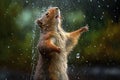 Cute little squirrel dancing in the rain