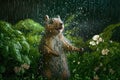 Cute little squirrel dancing in the rain