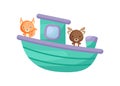 Cute little squirrel and moose sailing on emerald ship. Cartoon character for childrens book, album, baby shower, greeting card,