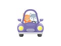 Cute little squirrel and wolf driving purple car. Cartoon character for childrens book, album, baby shower, greeting card, party