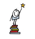 Cute little stickman boy stands on a stack of books he has read and reaches for a star in the sky. Vector illustration