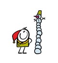 Cute little stickman kid built a very tall snowman out of snowballs. Vector illustration of a cartoon character happy