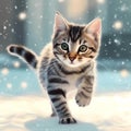 Cute tabby kitten in a snowy winter landscape with falling snow and soft lighting