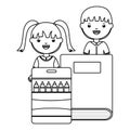 Cute little students couple with colors pencils and books