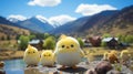 Stuffed Chicks In Front Of Mountain: Character Design With Ray Tracing