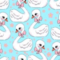 Cute Little Swan With Pink Bow Vector Background Seamless Pattern, Beautiful Design Fabric Print