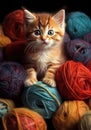 cute little tabby cat kitten playing with colorfull balls of yarn