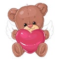 Cute little teddy bear angel with big pink heart. Greeting card. Valentine`s day.