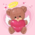 Cute little teddy bear angel with big pink heart. Greeting card. Valentine`s day.