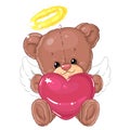 Cute little teddy bear angel with big pink heart. Greeting card. Valentine`s day.