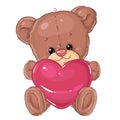 Cute little teddy bear with big pink heart. Greeting card. Valentine`s day. Royalty Free Stock Photo