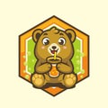Cute little teddy bear drinking logo Vector cartoon mascot design Royalty Free Stock Photo