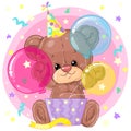 Cute little teddy bear with gift box and balloons. Birthday greeting card. Happy moment. Congratulation. Children character. Royalty Free Stock Photo