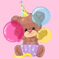 Cute little teddy bear with gift box and balloons. Birthday greeting card. Happy moment. Congratulation. Children character. Royalty Free Stock Photo