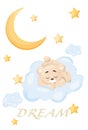 Cute little teddy bear on a transparent background, sleeping on an air cloud, vector illustration, children's Royalty Free Stock Photo