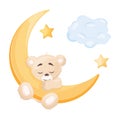 Cute little teddy bear on a transparent background, sleeping on the moon, vector illustration, children's Royalty Free Stock Photo