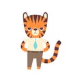 Cute Little Tiger Businessman Standing Confidently, Adorable Wild Animal Cartoon Character Vector Illustration