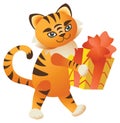 Cute little tiger cub with a gift box with a bow. Vector illustration. 2022 New Year mascot