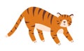 Cute little tiger cub playing. Childish animal character with smiling friendly face. Colored flat vector illustration